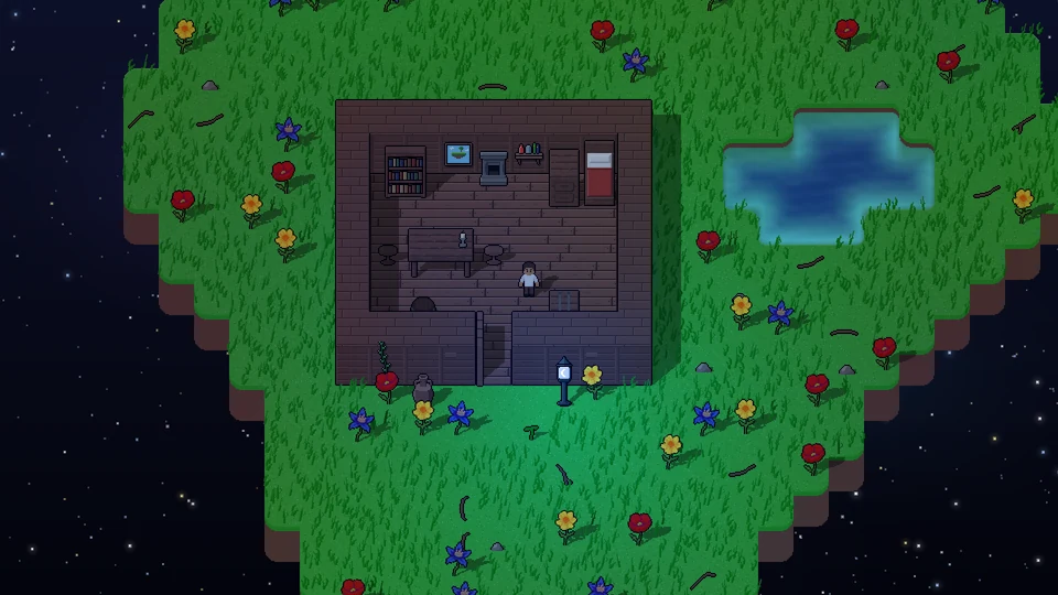 A furnished house on a home island floating among the stars